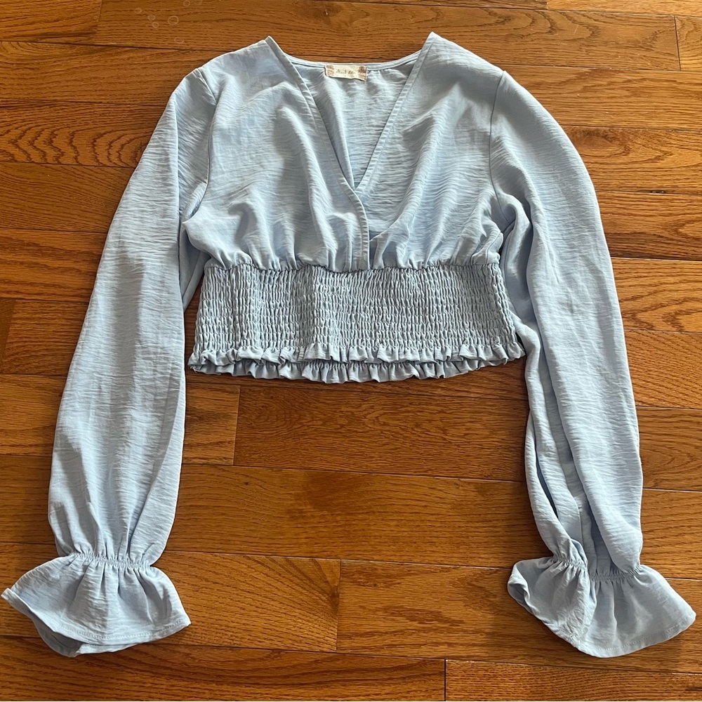 Light Blue Smocked V-Neck Top
